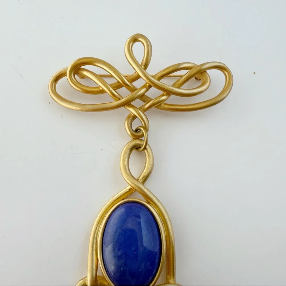 Vtg Large Matte Goldtone Art Nouveau Revival Scroll Blue Stone Dangle Brooch